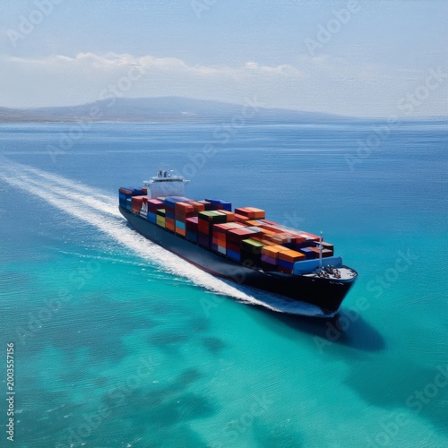 Cargo Ship Moves Through Clear Water Near Coastline on Sunny Day With Distant...