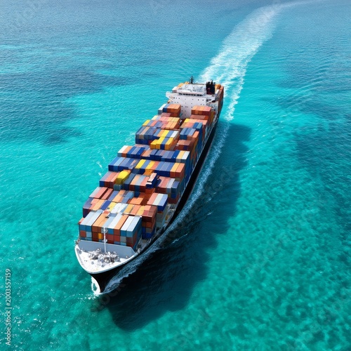 Cargo Ship Moves Through Clear Water Near Coastline on Sunny Day With Distant...