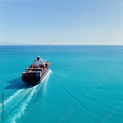 Container Ship Moves Across Clear Water in Sunny Weather Near Coast
