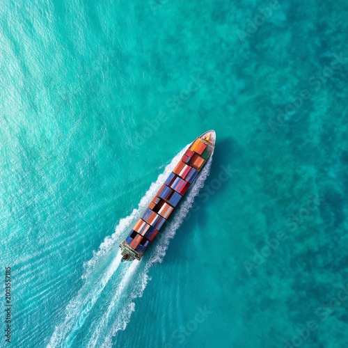 Container Ship Moves Across Clear Water in Sunny Weather Near Coast