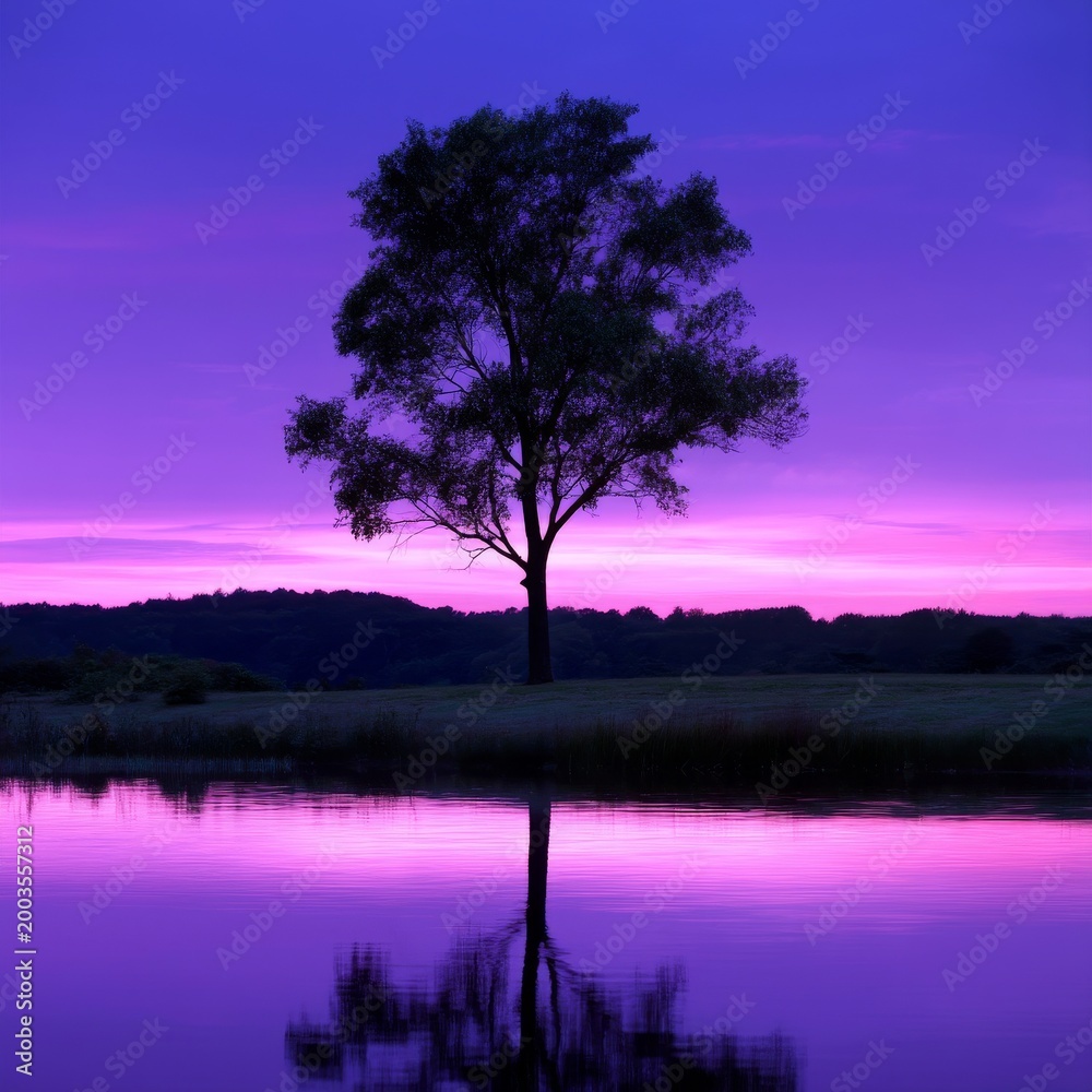 Obraz premium Sunset Sky Shines Over a Tree and Still Water in a Quiet Landscape