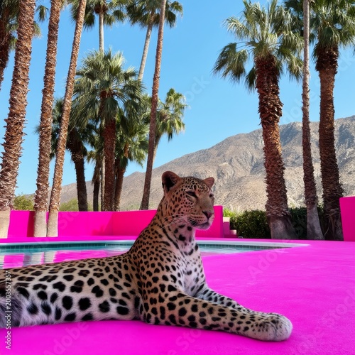 Leopard Rests on Bright Pink Platform Surrounded by Palm Trees in Sunny Outdo...