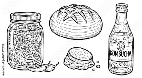 Fermented foods including kimchi jar kefir kombucha and sauerkraut, Generative AI.