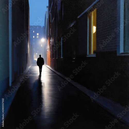 Man Walks Alone in Narrow Alley During Evening With Streetlights On