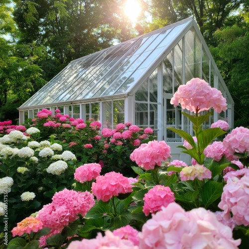 Flowers Bloom Around a Greenhouse in a Garden During the Afternoon Sunshine