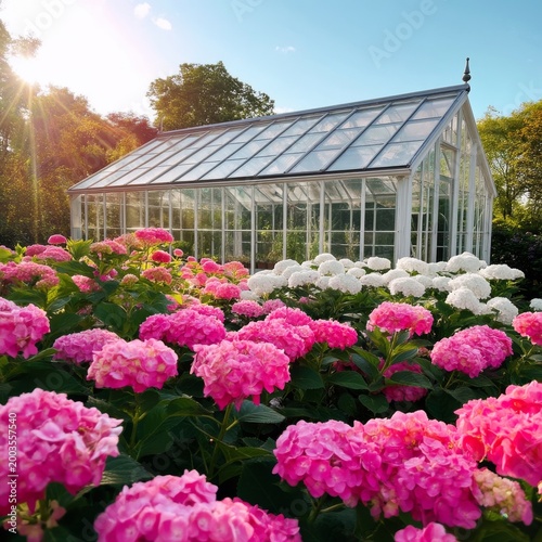 Flowers Bloom Around a Greenhouse in a Garden During the Afternoon Sunshine