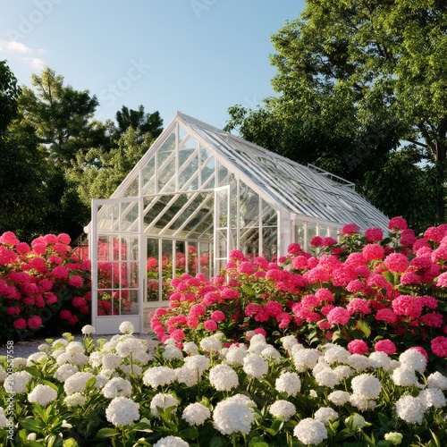 Beautiful Greenhouse Surrounded by Blooming Hydrangeas on a Sunny Day in Earl...