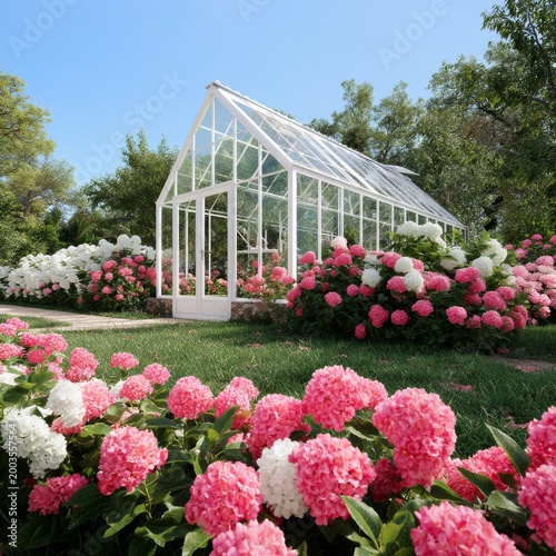 Beautiful Greenhouse Surrounded by Blooming Hydrangeas on a Sunny Day in Earl...