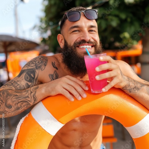Man Enjoys Drink While Relaxing by the Poolside on a Sunny Day