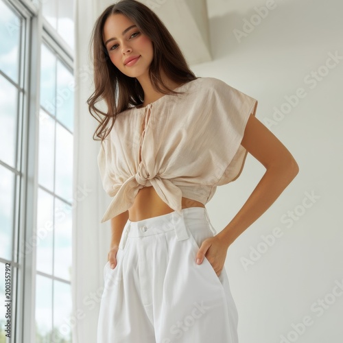 Woman Stands by Window in a Light Room Wearing a Tied Shirt and White Pants D...