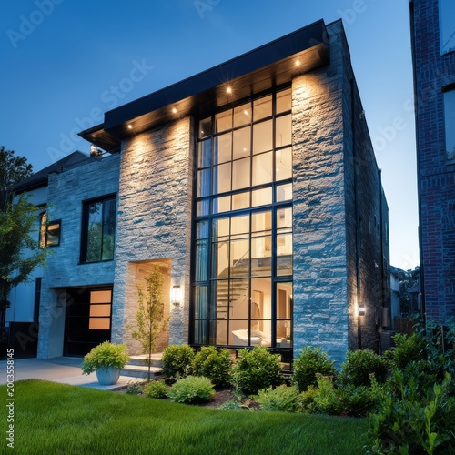 Modern House With Large Windows in the Evening Light Near a Garden and Trees