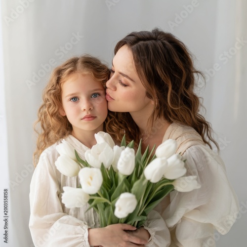Mother and Child Share a Moment Together While Holding Flowers Indoors in a S...