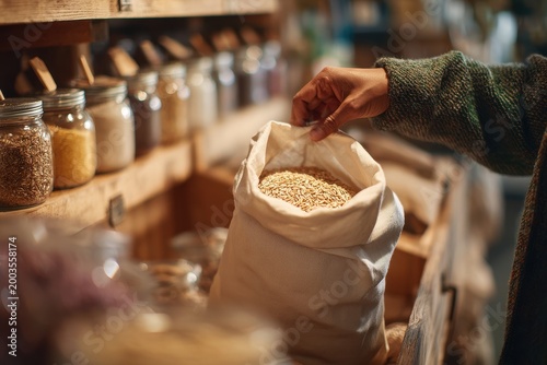 Person holding bag of grains in a shop. Healthy food concept.
