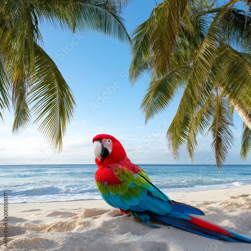 Colorful Parrot on a Tropical Beach With Palm Trees and Blue Ocean in the Bac...
