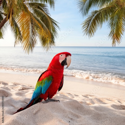 Colorful Parrot Stands on Sand Near Ocean and Palm Trees at Beach During Brig...