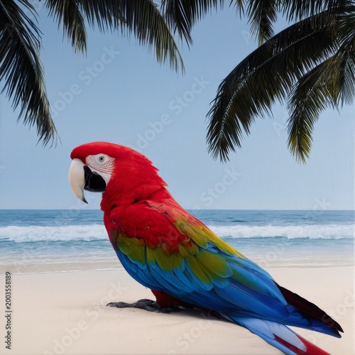 Colorful Parrot Stands on Sand Near Ocean and Palm Trees at Beach During Brig...