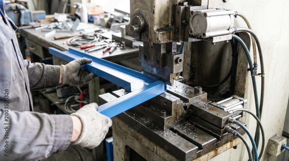 Fototapeta premium Metalworker operating a heavy hydraulic press machine to bend a blue metal profile
