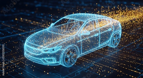 Digital Car Wireframe Blueprint on Futuristic Technology Background