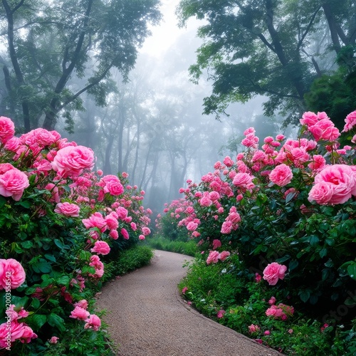 Roses Bloom Along a Winding Path in a Foggy Forest During Early Morning Hours