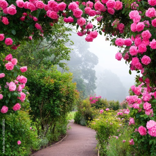 Pathway Through a Garden Filled With Pink Flowers on a Foggy Day in the Morni...