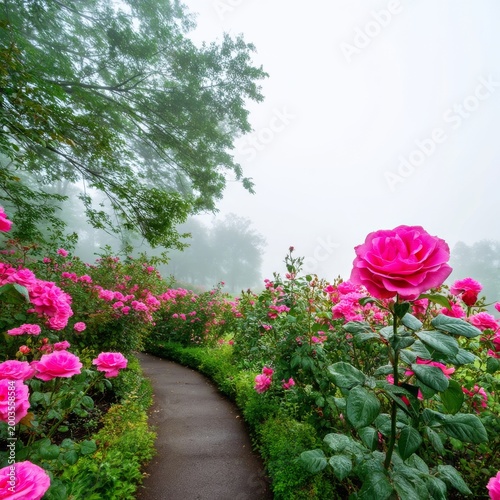Pathway Through a Garden Filled With Pink Flowers on a Foggy Day in the Morni...
