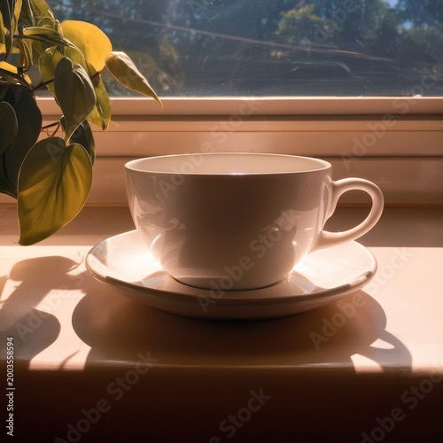 Warm Sunlight Shines on a Cup and Saucer Placed Near a Window With Green Leav...