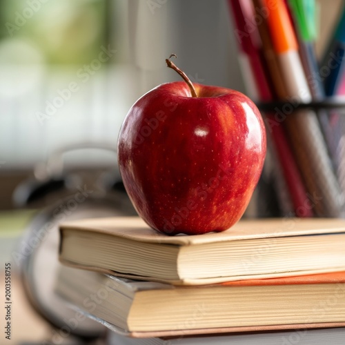 Apple Sits on Top of Books With Pens and Clock Nearby on a Desk