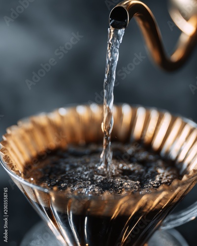 Pour Over Coffee Brewing: Water Stream from Kettle into Filter Cone, Close-Up