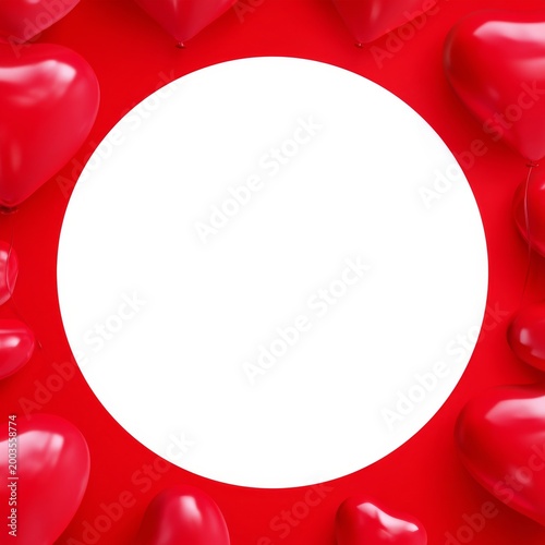 Red Heart Balloons Create a Frame for a Blank Space on a Bright Red Backgroun...