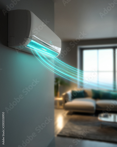 Modern wall mounted air conditioner blowing fresh cool blue air into a living room. High-tech split system cooling home interior with blurred furniture and window in the background.