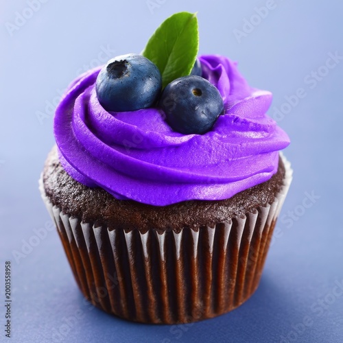 Delicious Cupcakes With Purple Frosting and Blueberries on Top Displayed on a...