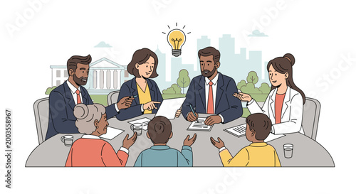 Diverse group of people sitting around a table having a meeting with a city skyline and government building in the background, Generative AI.