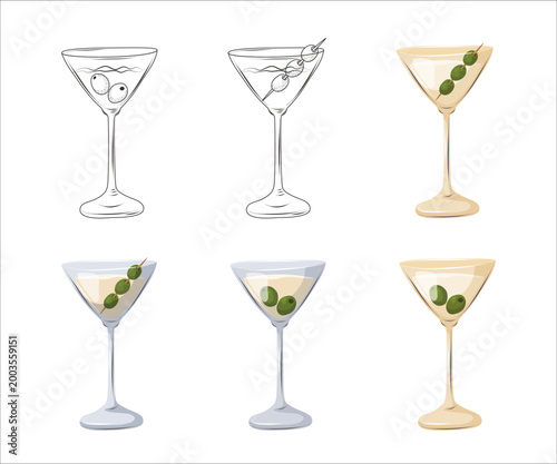 A set of Martini cocktails in various styles. Hand-drawn vector graphics, isolated on a white background, are perfect for bar menus, drink concepts, and beverage illustrations.