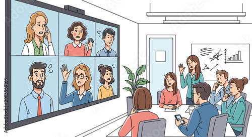 A group of business people sitting around a table with a large screen displaying a video conference with multiple participants, Generative AI.