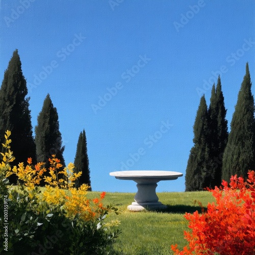 Garden With a Stone Table and Colorful Plants Under a Clear Blue Sky