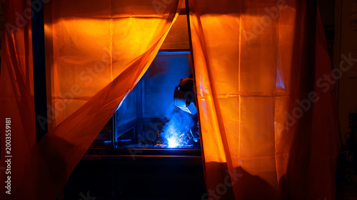 Industrial Welding Scene with Bright Blue Arc Light and Orange Protective Curtains in a Dark Workshop, Heavy Industry Work