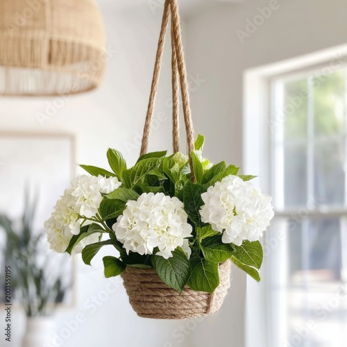 Hanging Basket With White Flowers in a Home Setting by a Window
