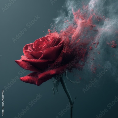 Red Rose Exploding into Red and White Dust Against Dark Background