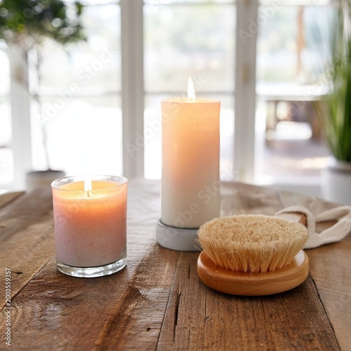 Candle and Natural Brush on Wooden Table in a Bright Room During the Day for ...