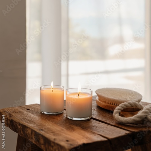 Candle and Natural Brush on Wooden Table in a Bright Room During the Day for ...