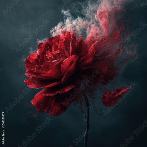 Red Rose Exploding with Powder on Dark Background