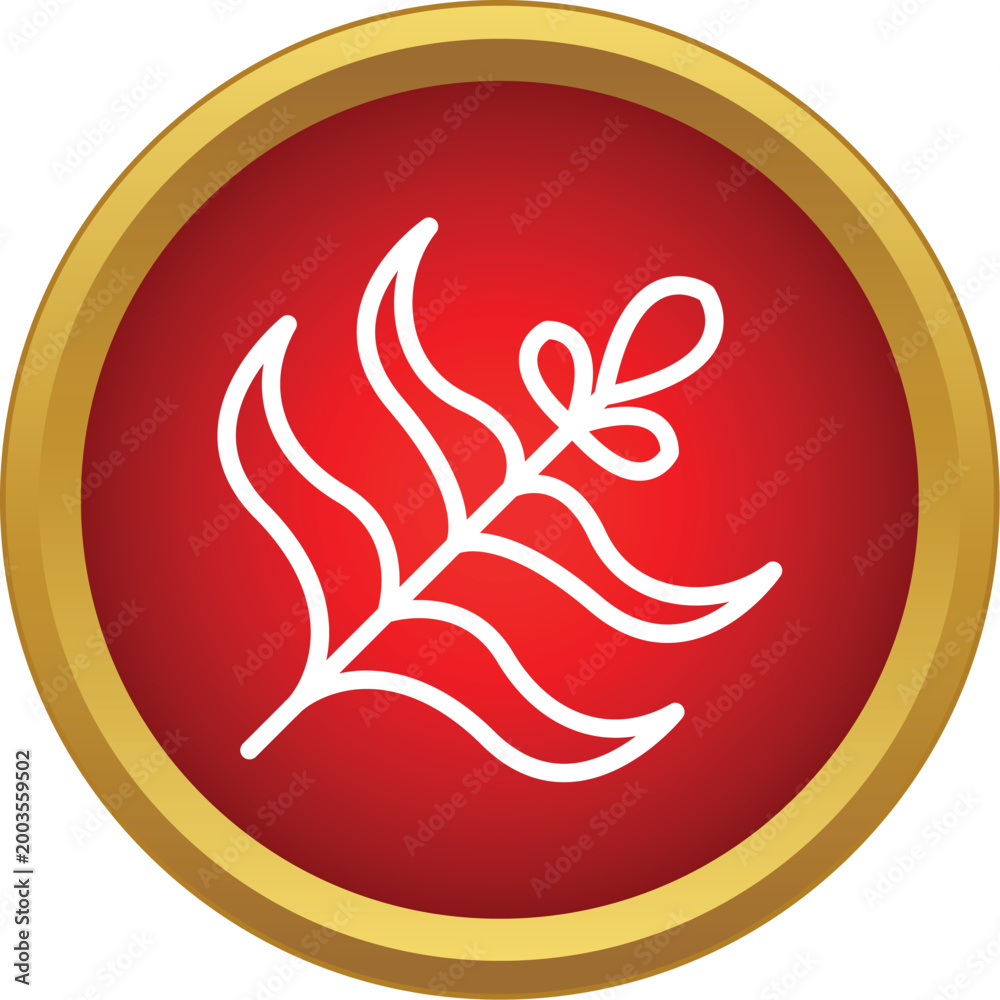 Fototapeta premium Plant branch outline with leaves inside a red circle button with gold border