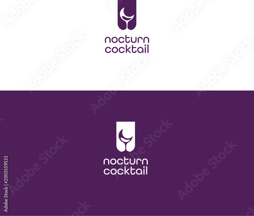 Modern minimal night cocktail bar logo with moon and glass silhouette.