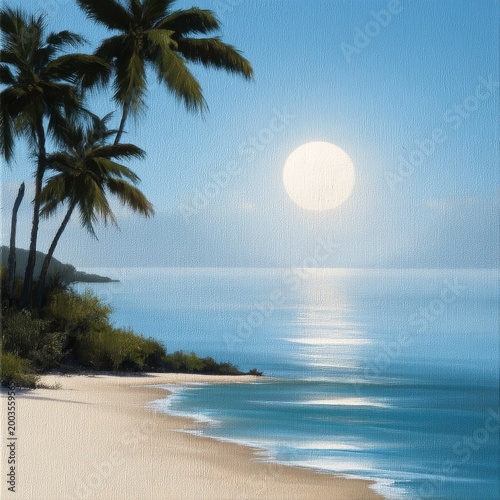 Bright Sun Shines Over the Sandy Beach With Palm Trees Near the Clear Water i...