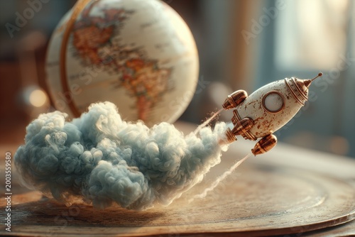 Rocket Launching, Globe and Cloud, Exploration Concept.