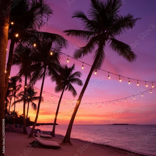 Evening Sky With Lights and Palm Trees on the Beach During Sunset Near the Ocean