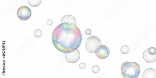 A 3d illustration of transparent aqua water drops and soap bubbles reflecting light on a clear blue glass sphere design