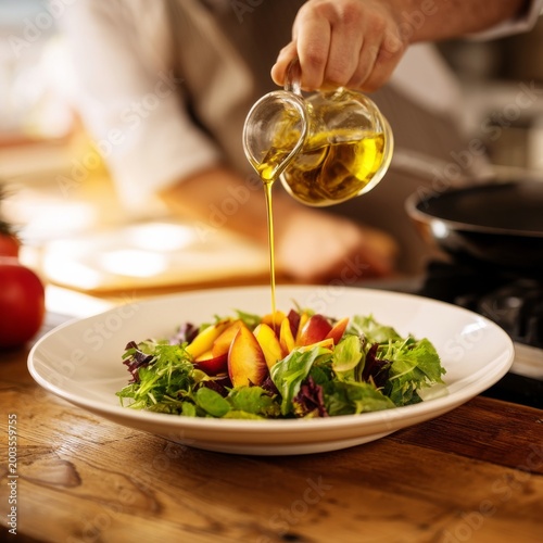 Chef Prepares Fresh Salad With Olive Oil in a Kitchen Setting