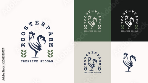 Vintage Rooster Farm Logo with Wheat and Retro Badge for Organic Poultry and Agriculture