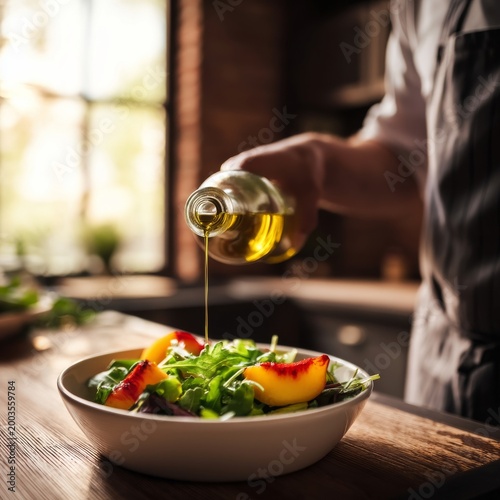 Chef Pours Olive Oil Onto a Fresh Salad With Greens and Peaches in a Kitchen
